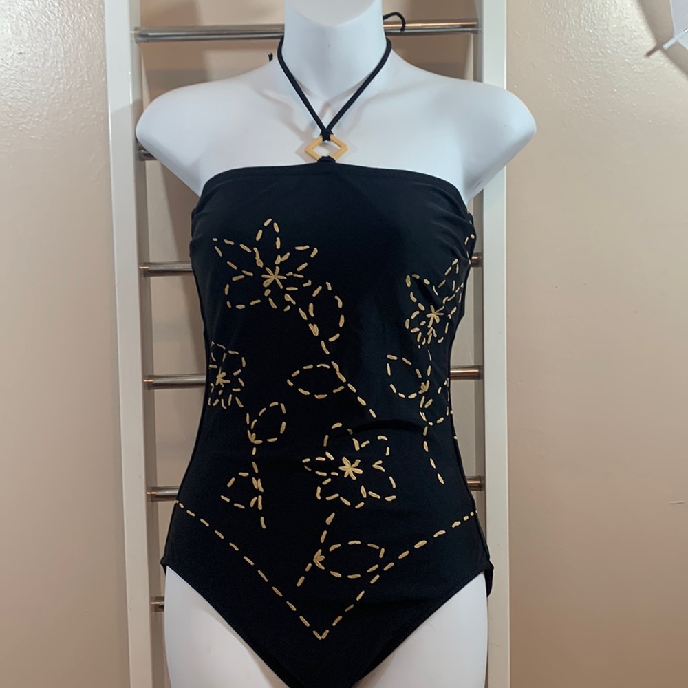Gideon Oberson Black w/Floral Print Tie One Piece
